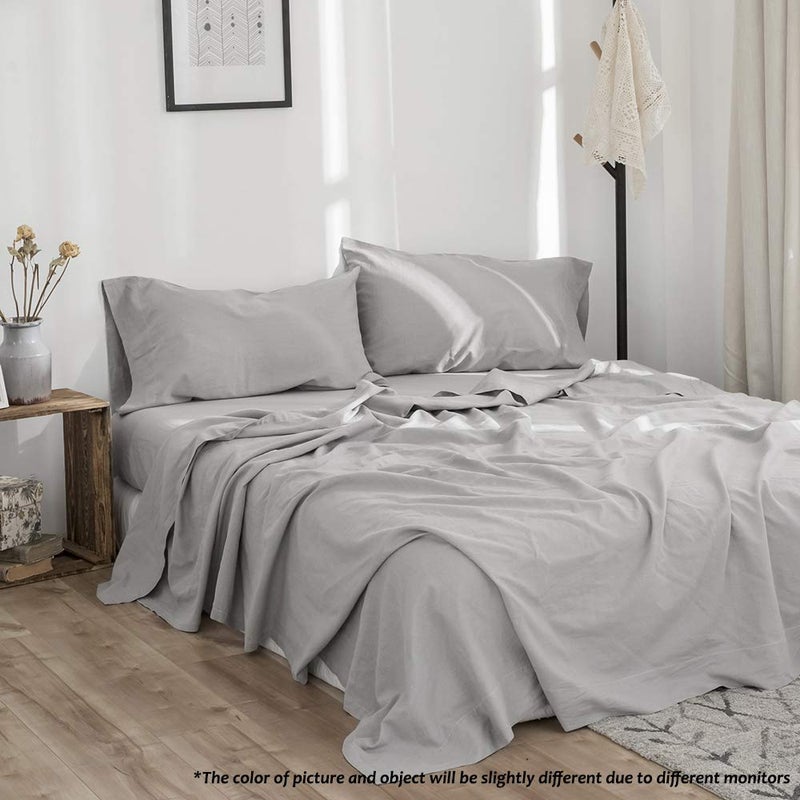 Simple&Opulence Belgian Linen Sheet Set Solid Color - 4 Pieces (1 Flat Sheet, 1 Fitted Sheet & 2 Pillowcases) Natural Flax Cotton Blend Soft Breathable Farmhouse Bedding - Full Size, Grey - Image 5